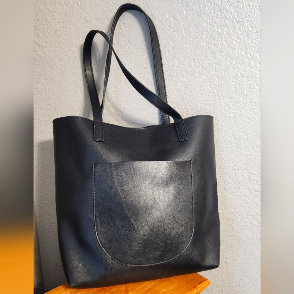 Black Faux Leather Tote with One Front Open Pocket
